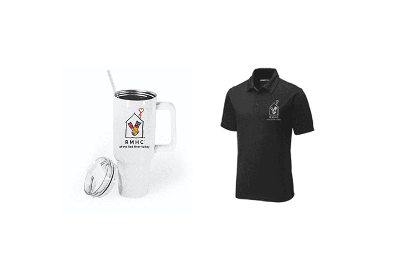 RMHC Merchandise (white travel cup with RMHC logo and black golf polo shirt with logo)
