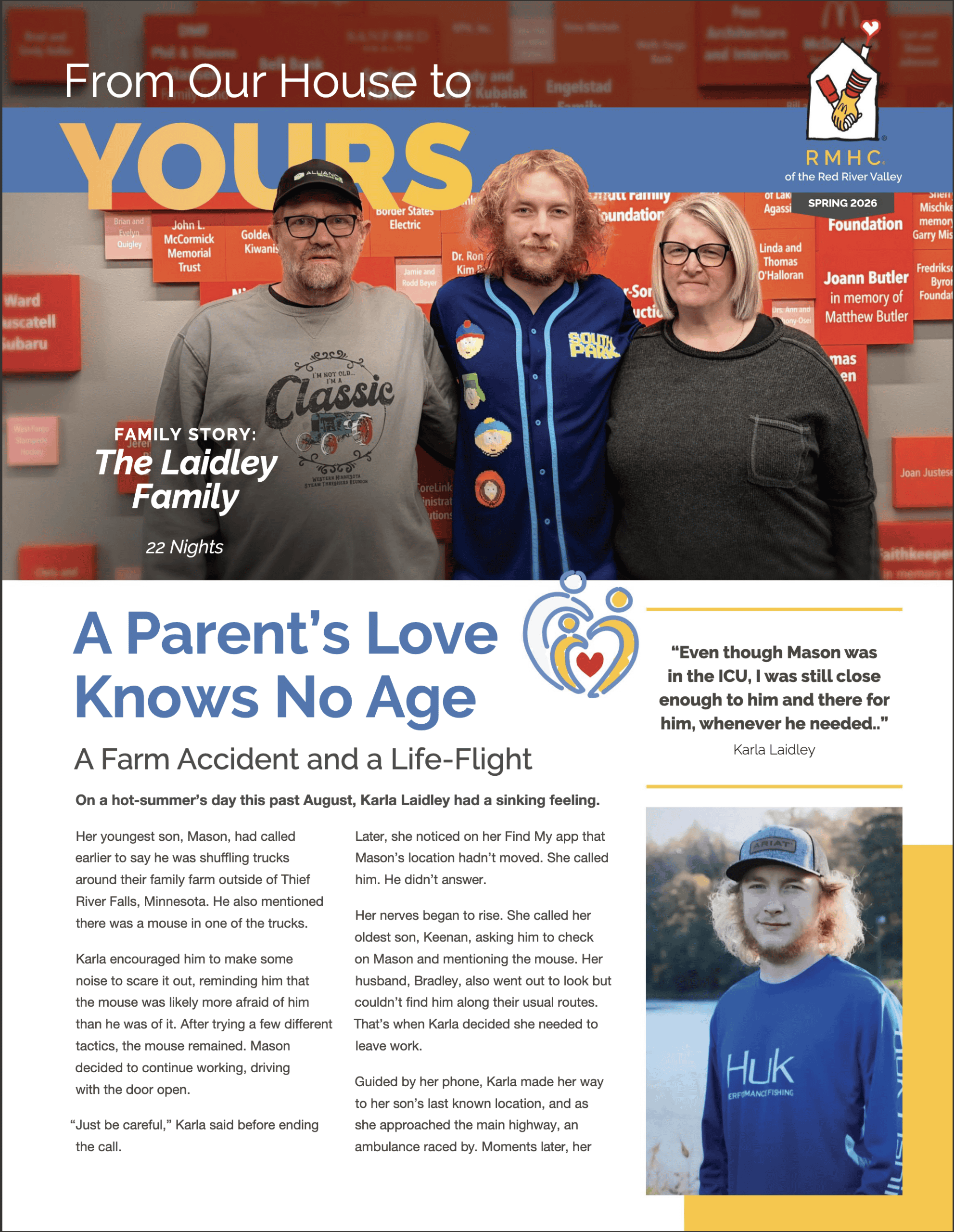 Bradley, Mason, and Karla Laidley in front of the donor wall